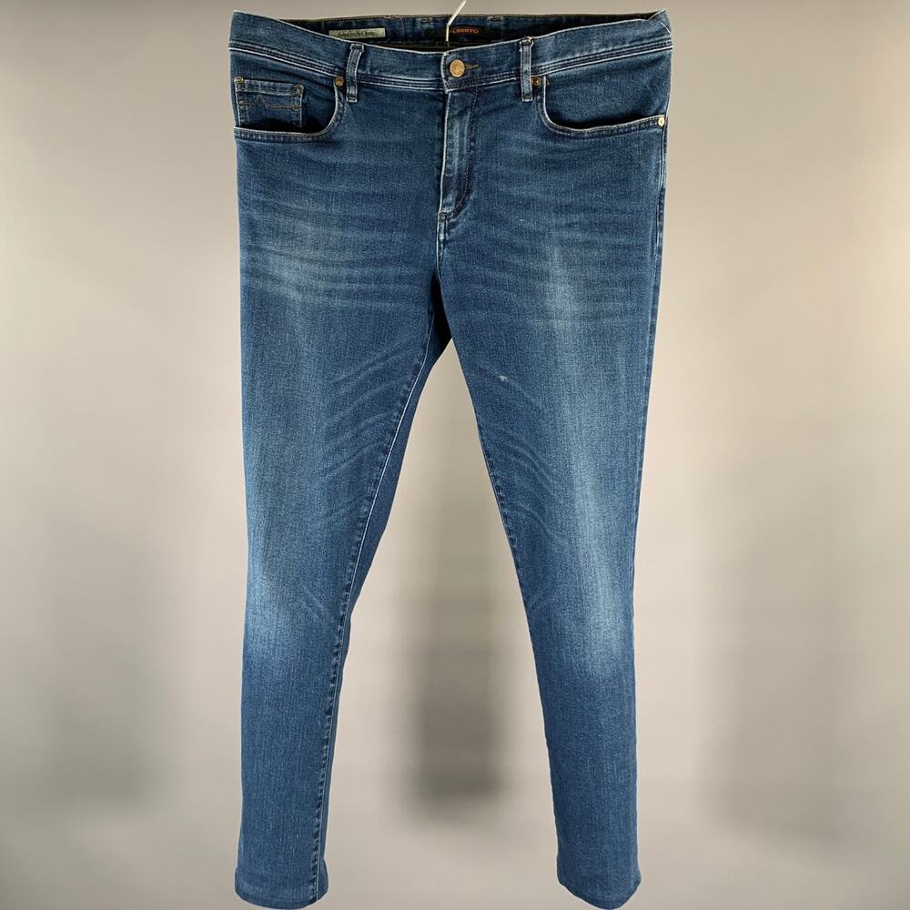 ALBERTO Size 34 Indigo Solid Cotton Blend Skinny Jeans